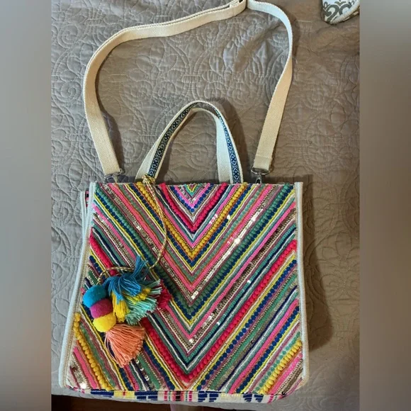 America & Beyond Chevron Boho Multicolor Pom-Pom Embroidered Crossbody Tote Bag - Picture 6 of 8